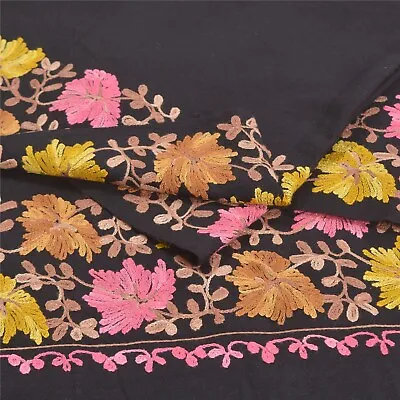 Sanskriti Vintage Long Black Woolen Shawl Handmade Ari Work Scarf Throw Stole  • $52