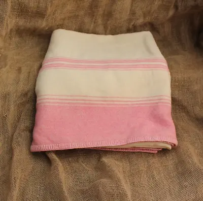 Vintage Cream & Pink Wool Blanket Bed Throw Bedspread Camping • £35