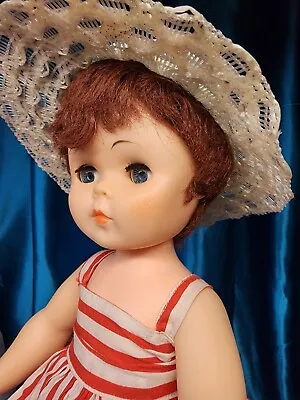 Vintage 1960s Doll Inc Hard Vinyl Doll 14  Stripes Dress Sunhat Auburn Hair • $30