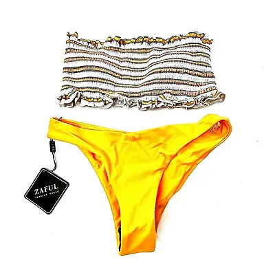 ZAFUL Womens Swimwear 2 PC Set Smocked Bandeau & Cheeky Yellow Striped Size S • $9