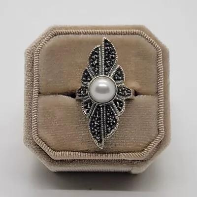 Vintage Pearl And Marcasite Sterling Silver Ring • $109.65