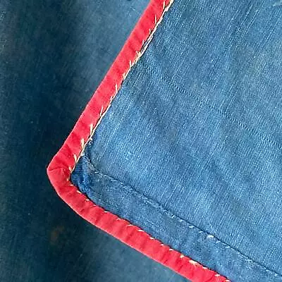 $260 • Buy Scarf ? 1700's Antique Chambray Indigo Blue Textile Bed Curtain Red Trim 18