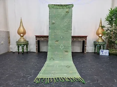 Moroccan Handmade Cactus Silk Runner 2'1 X8'1  Sabra Abstract Light Green Rug • $288