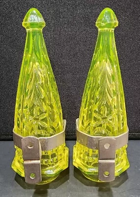 Pair Of Vintage Uranium Vaseline Car/Carriage Glass Flower Bud Vases EAPG GLOW! • $154.50