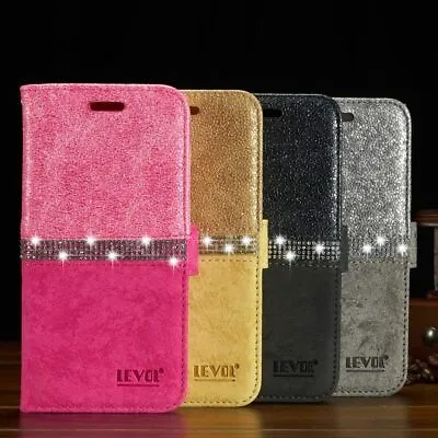 Diamond Bling Leather Flip Wallet Card Slot Case Cover For IPhone/Samsung Galaxy • £6.49