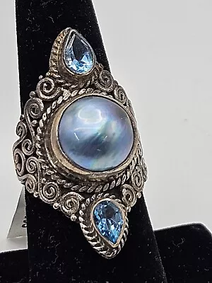 STS Chuck Clemency Sterling Silver Mabe Pearl Blue Gemstone Scroll Ring Size 8 • $74