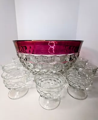 VNTG Glass Punch Bowl-Indiana Colony Ruby Whitehall Honeycomb 13  Bowl & 10 Cups • $39.99