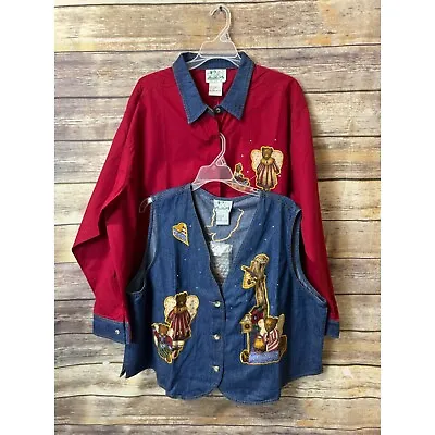 Quaker Factory Vest Shirt Set 2X Denim Teddy Bear Patches Red NWT Long Sleeve • $39.99