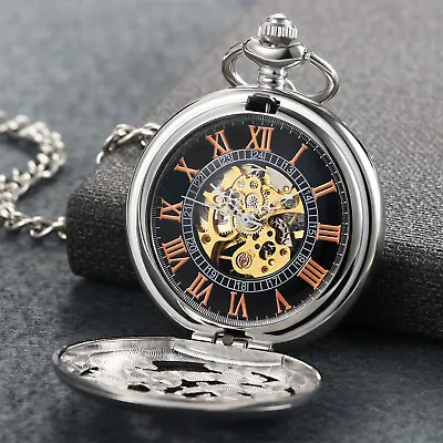 Mens Pocket Watch Mechanical Silver Tone Hollow Hands Chain Hand-winding Luxury • $21.99