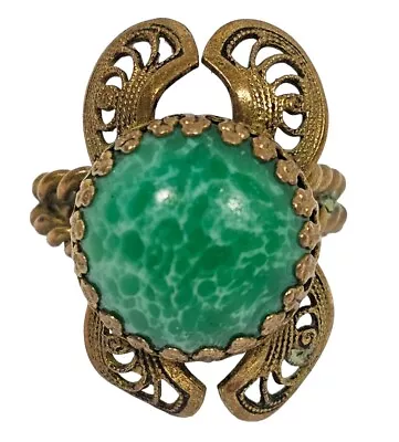 Vintage Peking Green Glass West Germany Adjustable Twisted Brass Ring • $19.99