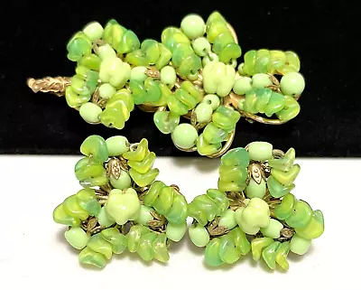 Miriam Haskell Signed Set Rare Vintage Green Art Glass Brooch Pin Earrings A13 • $498