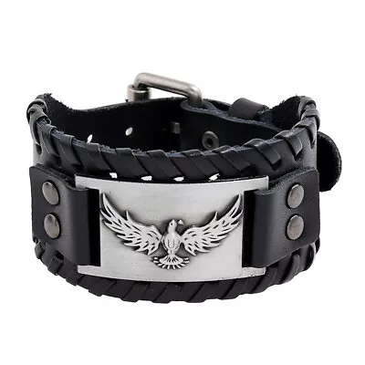 Men's Vintage Silver Viking Odin's Raven Braided Leather Bracelet Wristband Gift • $4.99