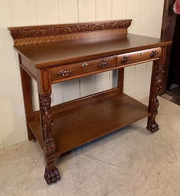 Antique Oak Victorian Open Server With Carved Griffins • $1495