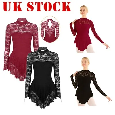 £22.99 • Buy UK Women's Mock Neck Floral Lace Figure Ice Skating Dress Ballet Dance Leotard