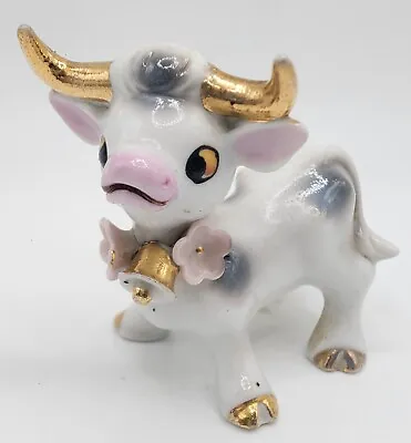Vintage Anthropomorphic Kitschy Long Horn Bull Cow Gold W/Flowers  • $12