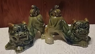 Vintage Chinese Ceramic Crouching Foo Dogs Green Pair • $14.95