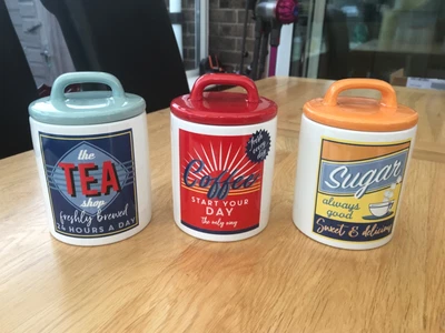 £7 • Buy Retro Multicoloured Set Of Three Ceramic Tea Coffee Sugar Storage Jars Canisters