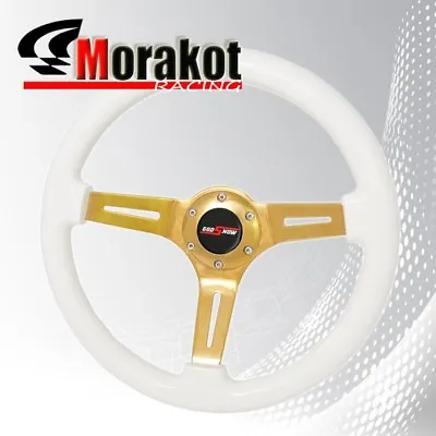 Universal 6 Bolt 345mm Deep Dish Steering Wheel Heavy Duty Gold Center WhiteWood • $66.77