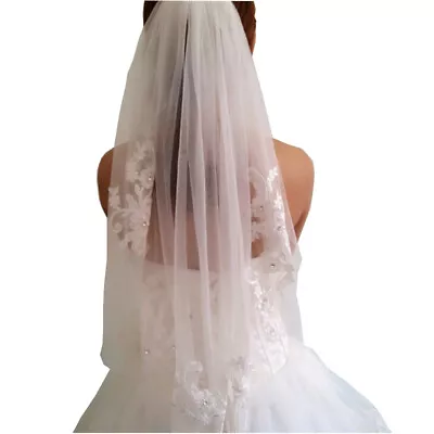 Bridal Veil1T Wedding Veils White Lace Edge Wedding Accessories With Beads • $9.99