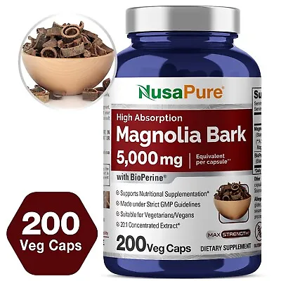 NusaPure Magnolia Bark 5000mg 200 Vegetarian Caps (Non-GMO Extract 20:1) • $27.92