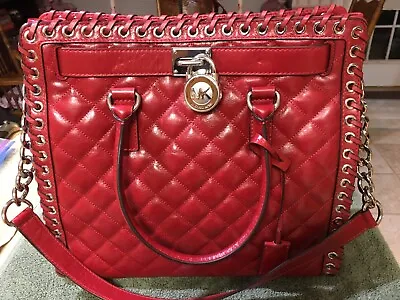 Michael Kors Hamilton Hippie Grommet North South Quilted Tote Red & Silver Large • $225