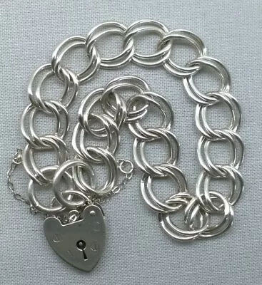 Vintage Sterling Silver Charm Bracelet Double Curb Link Heart Padlock 18.58gr • $41.95