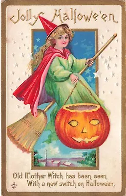 Blonde Halloween Witch Red Cape & Hat Rides Broom JOL Vintage Stecher Postcard • $32