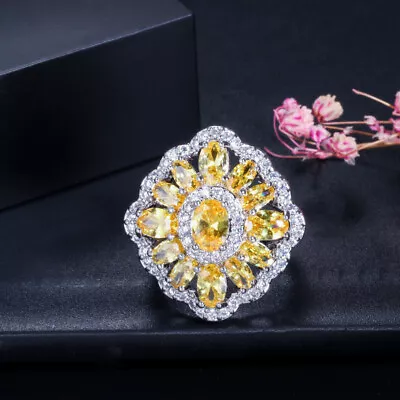 Vintage Cubic Zircon Big Yellow Crystal Engagement Silver Plated Ring For Women • $4.89