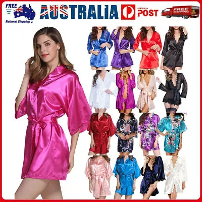 $14.79 • Buy Ladies Silk Satin Kimono Robe Dressing Gown Babydoll Lace Up Nightwear Bathrobe