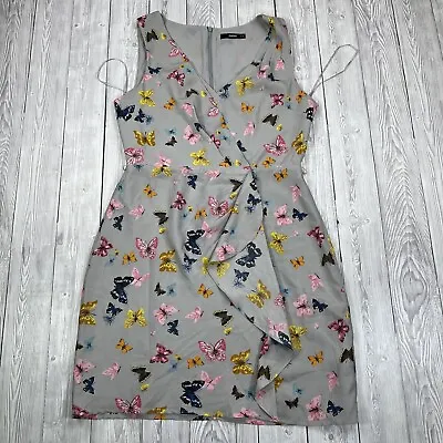 Oasis Ladies Dress 12 Grey Butterfly Lined Summer Sleeveless Casual Wrap V Neck • £12.95