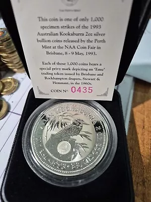 1993 Kookaburra 2oz Silver Coin $2 Dollar   Emu  Privy   Australia • $129