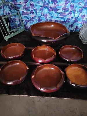 Dark Mahogany Wooden Bowl Set Large Serve Bowl & 6 Small Handmade In Haiti • $19