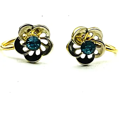 Vintage Van Dell Floral Earrings Blue Rhinestones 1/20 12K GF Screw Back Bloom • $16.99