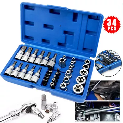 34pcs E Torx Socket Set 3/8  E4-E20 Drive Star Hex Bits Garage Torque Tool Case • $23.49