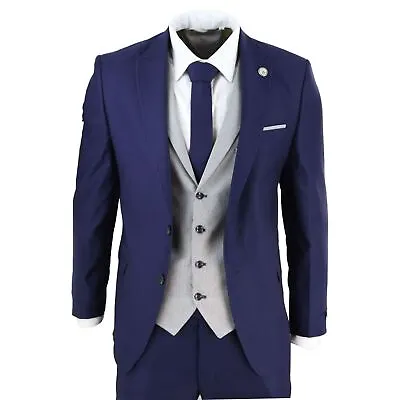 Mens 3 Piece Tweed Herringbone  VIntage 1920s Gatsby Suit Blue • $188.49