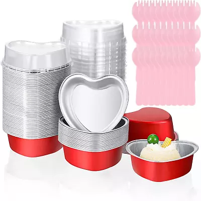 100 Set Heart Shaped Cake Pans With Lids 3.4 Oz Mini Heart Cupcake Pans Disposab • $29.98