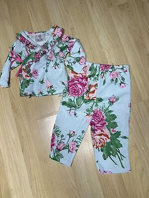 Mad Sky LA Kimono Layette Set Ruffle Blue Rose Wrap Shirt Pants Infants Sz 12 Mo • $16