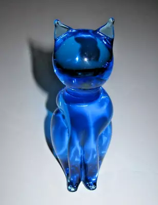 Unlabeled V Nason & Murano Blue Glass Cat Figurine 5  Tall • $29.99