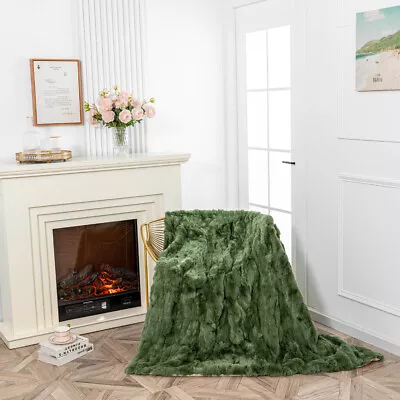 Queen Luxury Soft Real Rex Rabbit Fur Armchair Mat Throw Blanket 79x55inch Green • $186.19