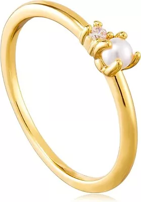 Pearl Ring Women 18K Gold Plated Freshwater Pearls Cubic Zirconia Band Size 6 • £4.59