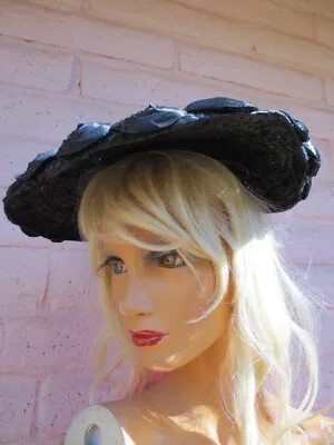 Vintage 1950s Black Straw Hat Classy AVALON Designer Gothic Roses Mourning  • $49