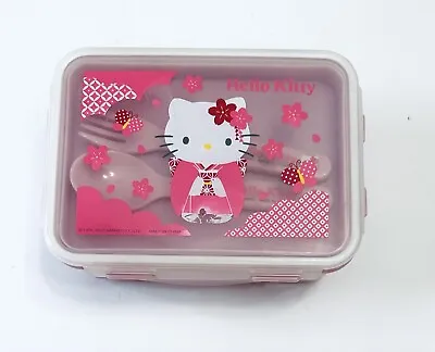 Hello Kitty Bento Pink Lunch Box  2010 Plastic Classic Tray Utensils • $19.99