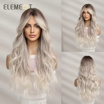 ELEMENT Synthetic Long Wavy Wigs Ombre  Brown Gray With Bangs Hair Wig Women • £20.39