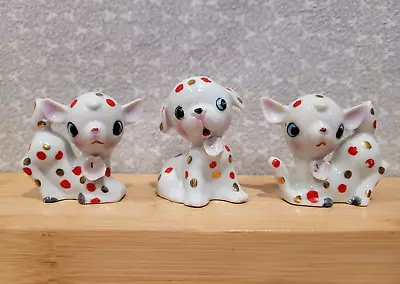 Vintage Japan Deer Puppy Dog Spotted Polka Dots Speckled Ceramic Figurine Set • $59.99