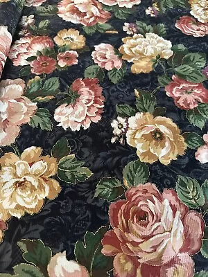 Mill Creek Jaquard Cabbage Roses On Navy Background 10Yards X 54  Zepel (2D) • $79