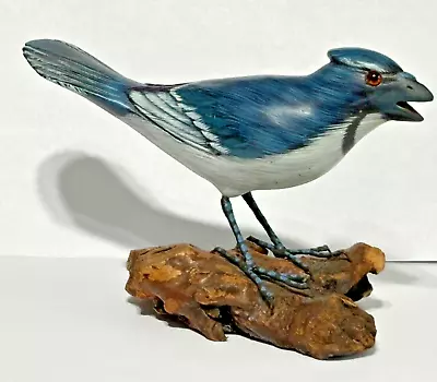 Vintage Carved Natural Wood Blue Jay Figurine Hand Painted Driftwood Glass Eyes • $35.09