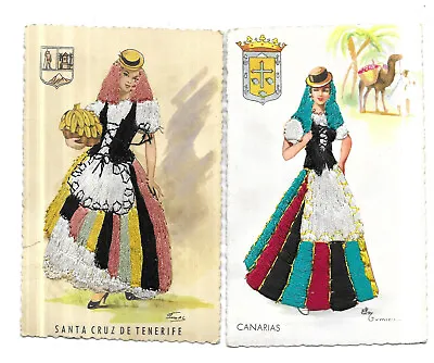 £3.50 • Buy Two Spanish Silk Postcards - Girls In Traditional Dress - The Canaries