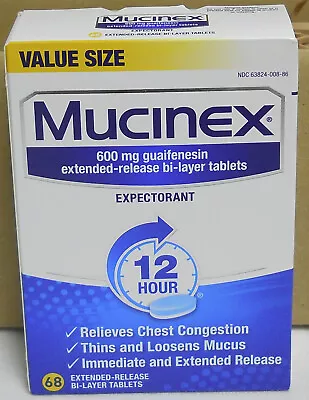 Mucinex Value Size 12 Hour 600 Mg Guaifenesin Extended Release 68 Ct Exp 04/2026 • $19.79