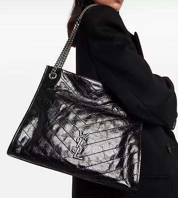 Authentic YSL Saint Laurent Niki Crinkled Leather Shopper Tote Bag • $887