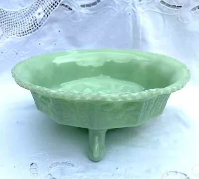 Jadeite Green Milk Glass Three Footed Butterflies & Berries Bowl • $80